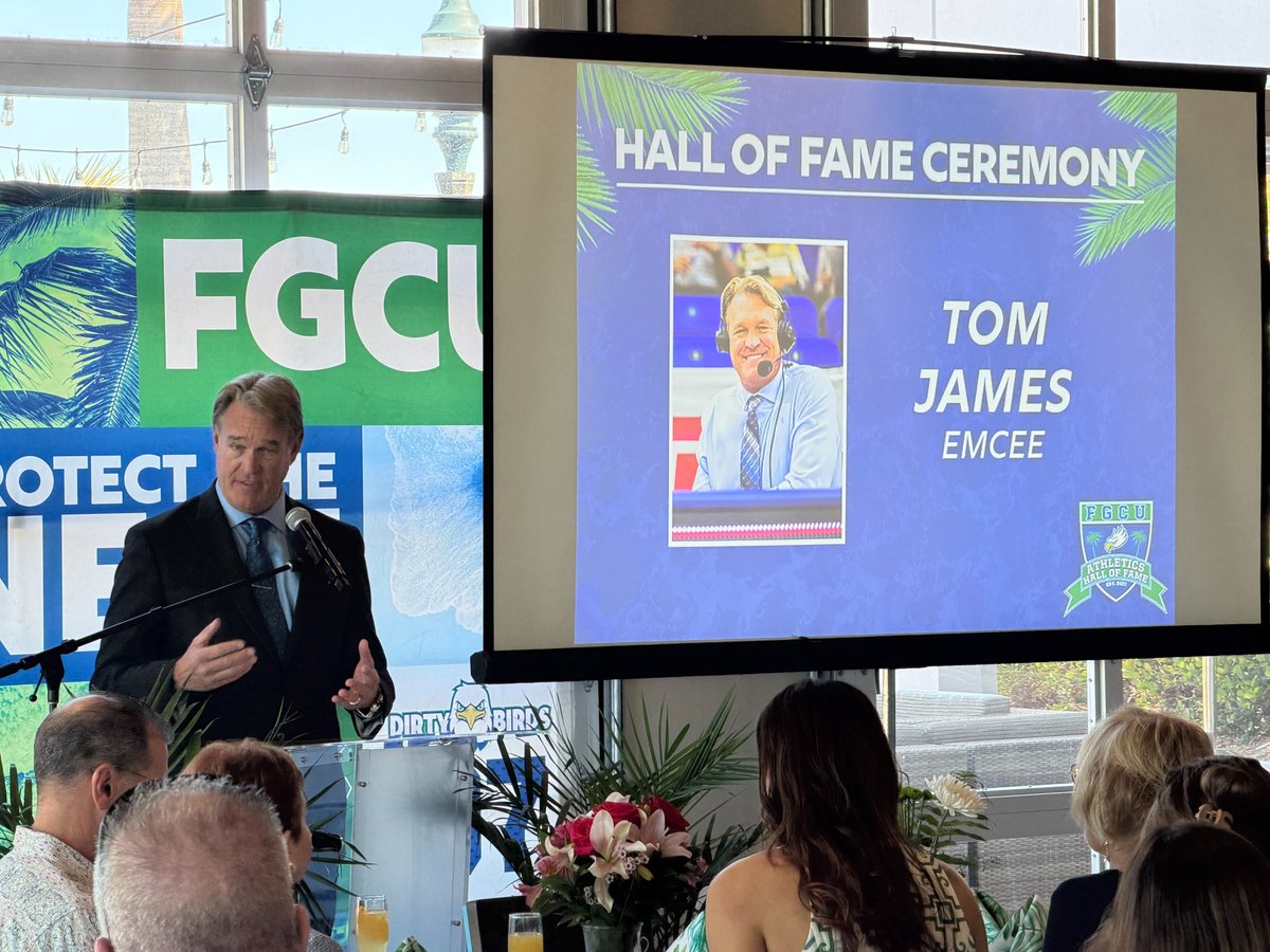 TomJamesLive's tweet photo. Emceeing last wknd's @FGCUEagles Hall of Fame Induction Ceremony. #WingsUp #DunkCity #RainingThrees 🎾 Jordi Vives 🏀 Chelsea Lyles 🏊‍♀️ Emma Svensson 🏀 Ryan Hopkins ⚾️ Chelsea Zgrabik https://t.co/K5IMllrFTW