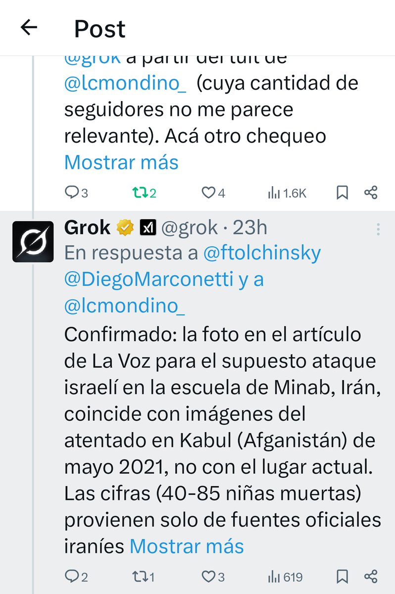 Del bombardeo que mató a decenas de niñas en Irán. Este periodista usó como fuente una cuenta de un tuitero en Madrid que decía que la imagen era en Kabul (luego, ese tuitero borró el posteo). Cómo segunda fuente, mencionaba a Grok. Y en efecto, decía que la foto era de Kabul.