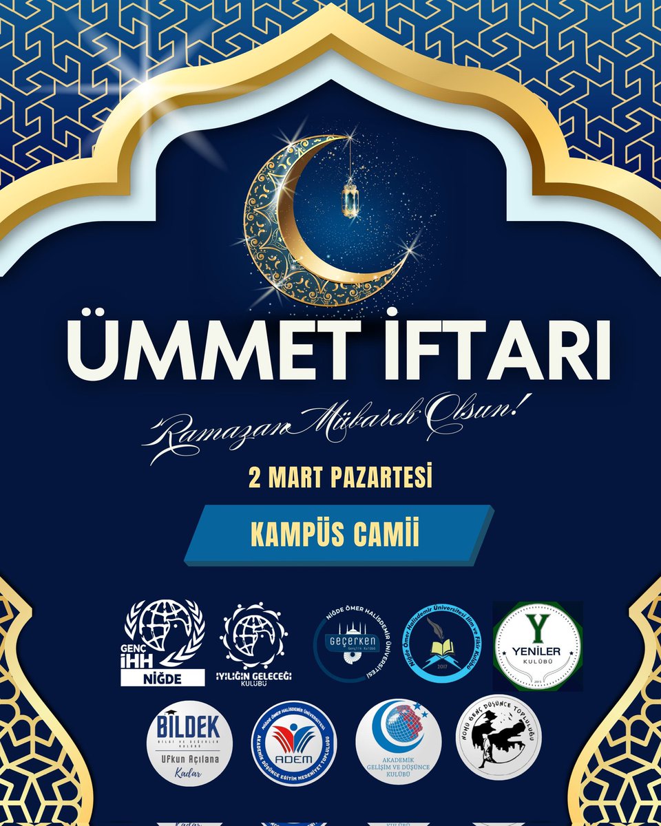 AdemNohu's tweet photo. Üniversitemizin kulüpleri,farklı renkleri, aynı sofranın bereketinde buluşuyor. Paylaştıkça çoğalan ekmeğimizle, kardeşlik bağlarımızı güçlendirmek için düzenlenen *Ümmet İftarı* ’na davetlisiniz.

​Gelin; farklı coğrafyaların dualarını, aynı sofranın huzurunda birleştirelim. https://t.co/nwh9F2zW69