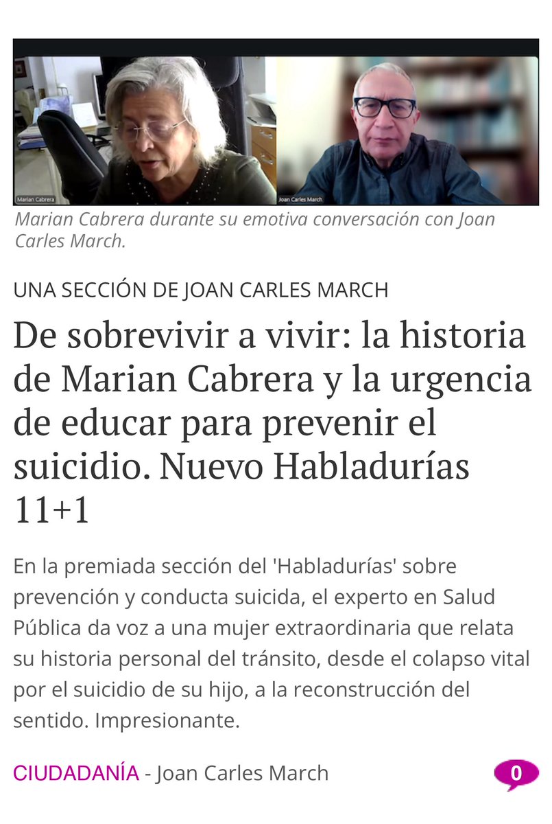 joancmarch's tweet photo. ❌Nuevo podcast #HABLADURÍAS con Marian Cabrera, cuyo hijo murió por #suicidio hace 14 años 

👉De #sobrevivir (hacer lo imprescindible: levantarse, trabajar, comer, dormir) a #vivir

🔴Hablar con rigor, sin sensacionalismo, con empatía, #salva #vidas

✅https://t.co/wMpENQGMLa https://t.co/9BbvmxZe9R