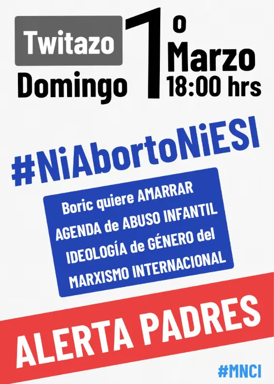🚨 ALERTA HOY TWITAZO
18:00 hrs

#NiAbortoNiEsi

SUMATE:/ y SALVEMOS NUESTROS NIÑOS, el Gobierno de BORIC quiere dejar amarradas leyes contra la vida y de abuso a la infancia !!!

DETENGAMOS
#IdeologíaDeGénero #GlobalismoMarxista #NarcoCastroChavista
La Terrorista #Agenda2030