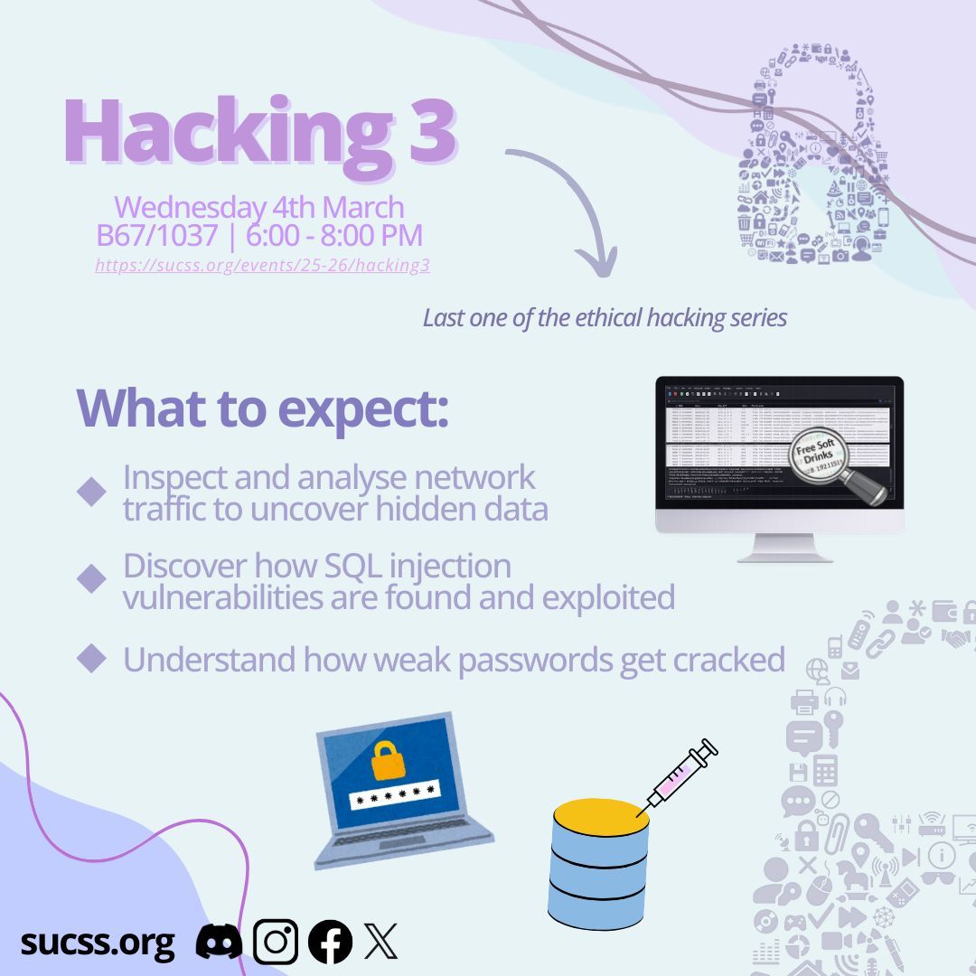 Prerequisites (ignore if you have already set this up):
⚠️ For this session, you will need a Kali virtual machine. If you don't have one, see sucss.org/docs/kali-vm/. 

Save the date for the Reversec Workshop on 11th March, where we will be reverse engineering a smart lock app.