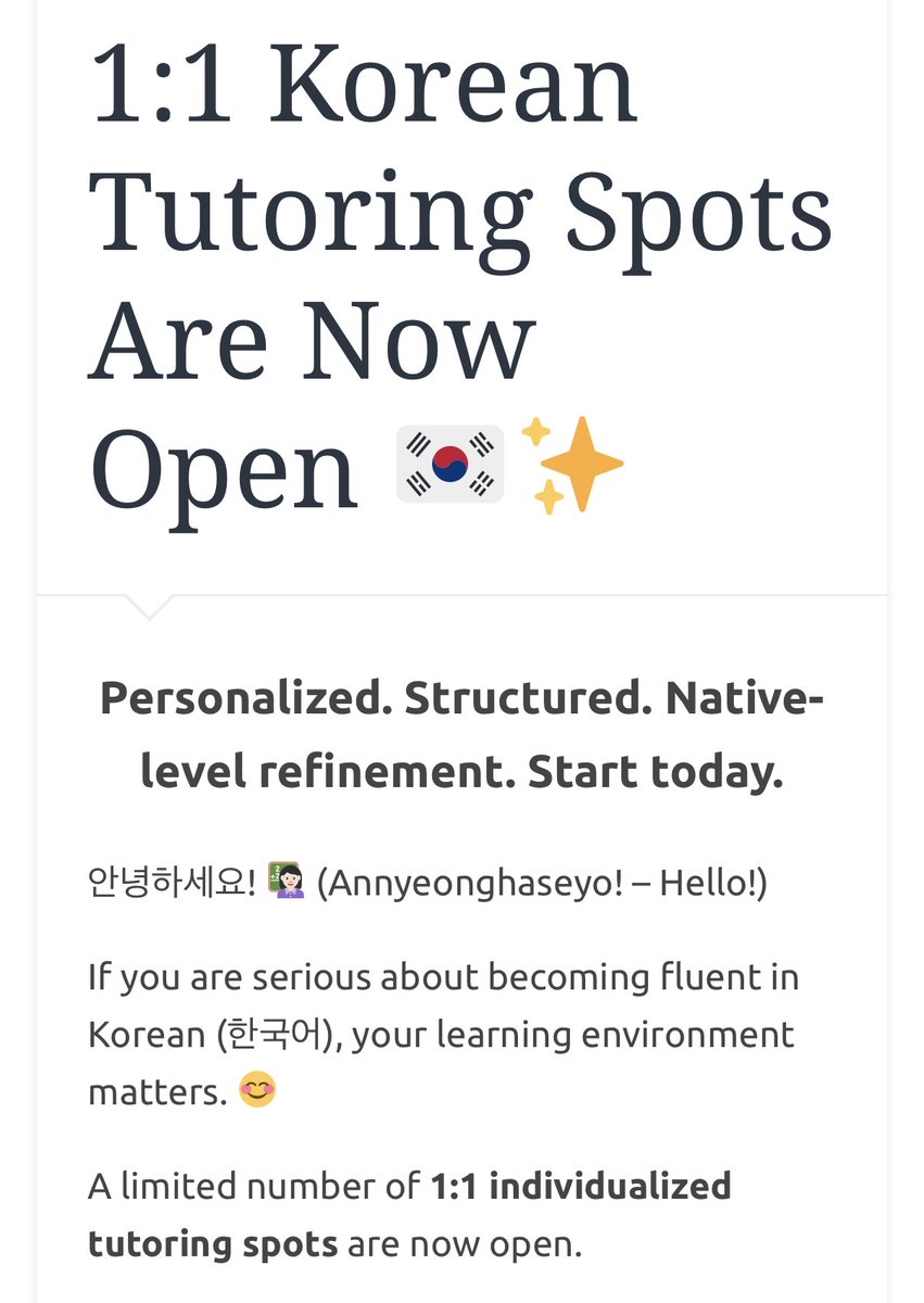 thekoreantutor's tweet photo. 1:1 Korean Tutoring Spots Are Now Open!
Personalized. Structured. Native-level refinement. Start today.

If you are serious about becoming fluent in Korean (한국어), your learning environment matters.

A limited number of 1:1 individualized tutoring spots are now open. https://t.co/qrYKOtRBxV