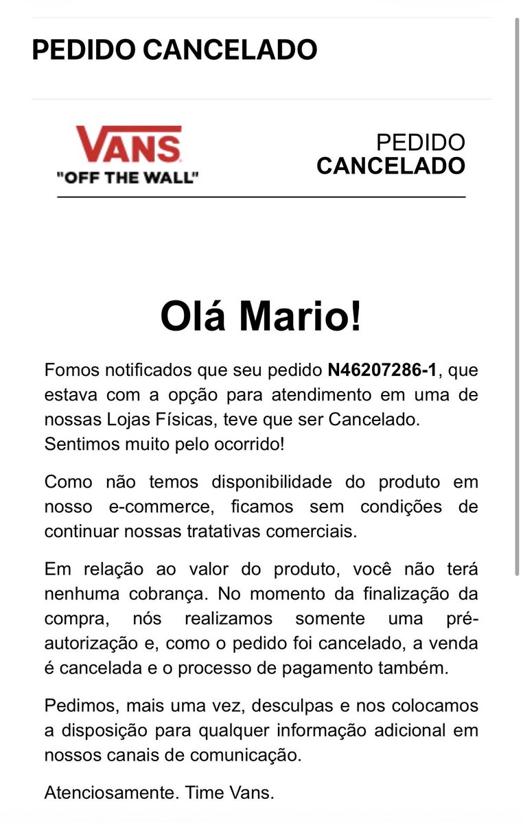 Mariorbarros's tweet photo. Frustrante! Me dispus a atravessar São Paulo, saindo de Barueri para retirar o tenis em SCS. E na metade do caminho recebo esta msg. Frustrante @VansBrasil @Vans . Vcs não sãi sérios! https://t.co/FflrJUkHKx