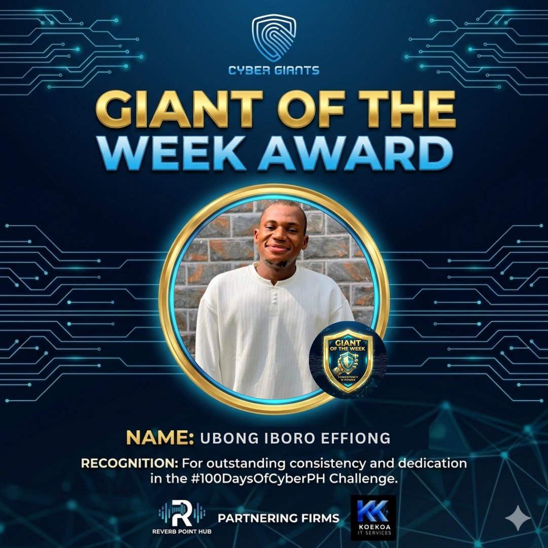 iboro_mich16735's tweet photo. Guess what? 🔥
I’ve been recognized as Giant of the Week in the #100DaysOfCyberPH challenge 🛡️
Consistency. Discipline. Growth.
The journey continues 🚀
#PHCyberGiants #100DaysOfCyber #ISC2 #CyberSecurity #CertifiedInCybersecurity https://t.co/m42rHJbZ4f