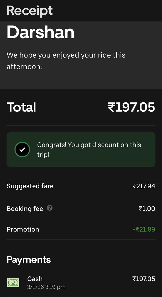 Darshbond007's tweet photo. Hi @Uber_India today my ride was for Rs. 197/- but driver had disagreement with me &amp; forced me to pay Rs. 248/- for same ride. I was very disappointed with driver. Please could refund my extra amount paid Rs. 51/- to driver. https://t.co/VGK4XkibyE