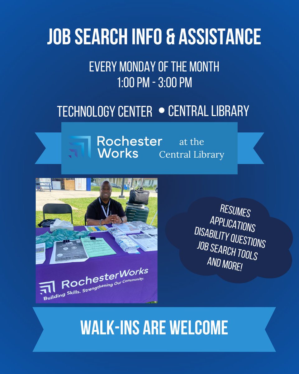 RochesterWorks's tweet photo. JOB SEEKERS! Stop in to the Technology Center at the Central Library tomorrow to see Leroy, and get some pointers on that application, or resume for FREE.

#JobAssistance #CentralLibrary #JobSeekers #JobSearch #CareerAdvisors https://t.co/ayO6U5IrZy
