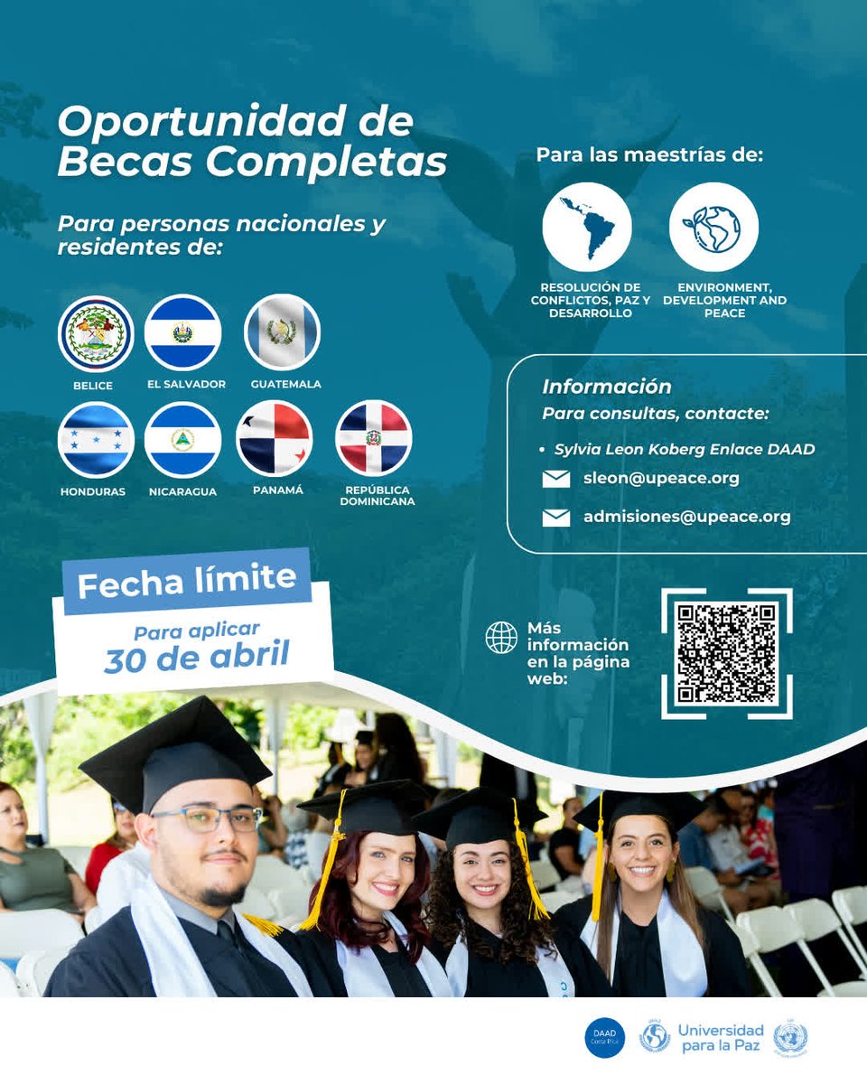 UPEACE's tweet photo. La educación en paz y desarrollo es clave para generar impactos sostenibles en nuestra región.

Postula a las becas completas DAAD–UPAZ y estudia presencialmente en Costa Rica a partir de septiembre 2026. Esta convocatoria busca fortalecer liderazgos regionales mediante educación de alto nivel.

📄 Revisa la convocatoria antes de aplicar: https://t.co/mMwrvUTUhn 

#Becas #ConvocatoriaAbierta #Maestrías #Posgrados #DAAD #PazYDesarrollo