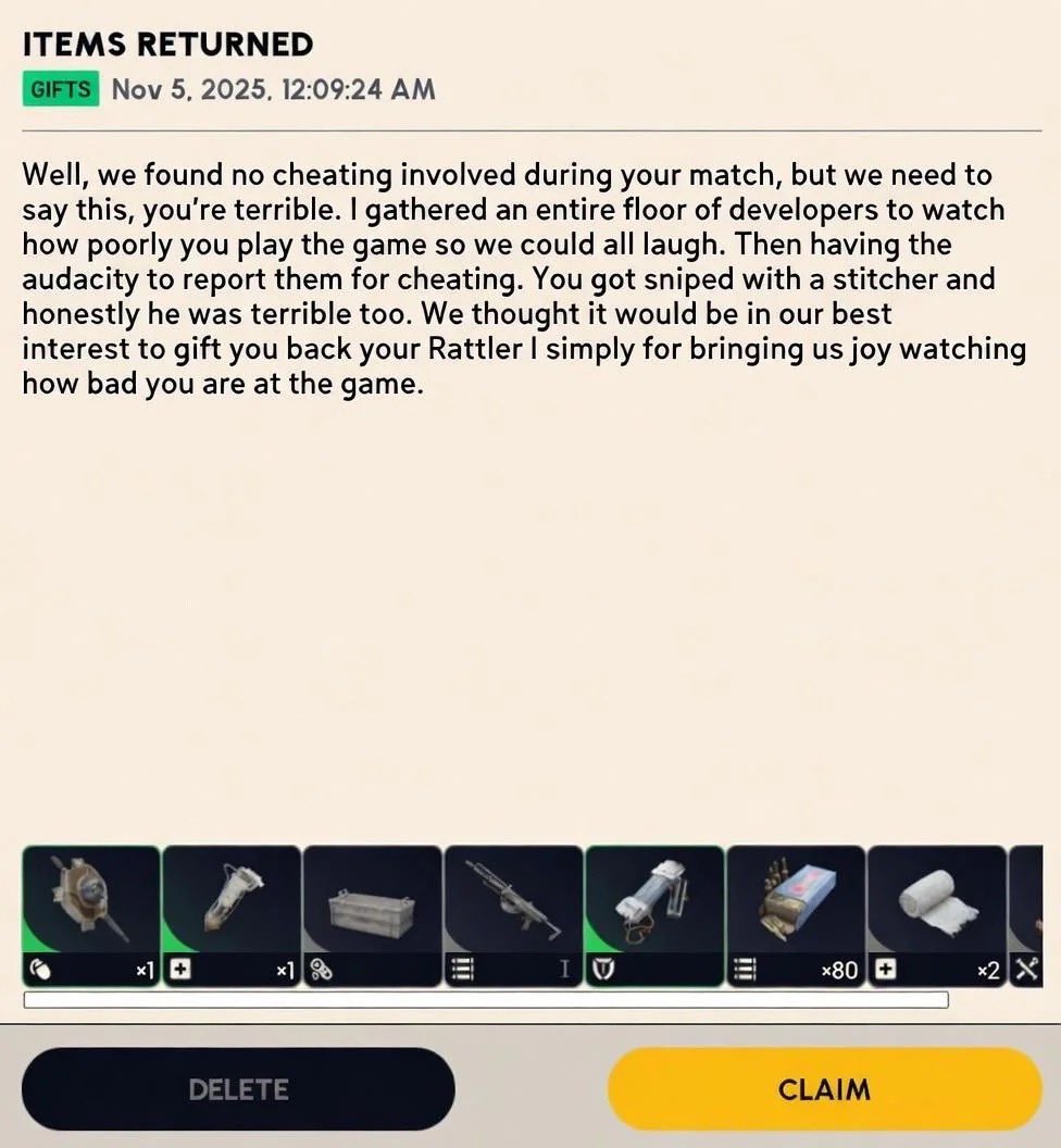 MediaARCRaiders's tweet photo. Got this message from Embark today…

Has anyone else received some like this!?

📸u/moneyandbanking1

#ArcRaiders | #ArcRaidersGame https://t.co/qYQT2PRF5C