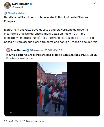 Bandiere dell’Iran libero in una città dove queste bandiere vengono da decenni insultate o bruciate da chi è vittima della menzogna che la libertà di un popolo possa arrivare da qualsiasi altra parte che non sia il mondo occidentale <a href="/marattin/">Luigi Marattin</a> on X