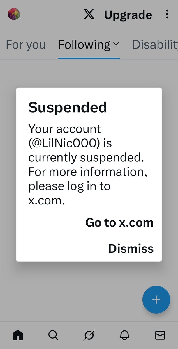 Screenshot from X. Your account is currently suspended.