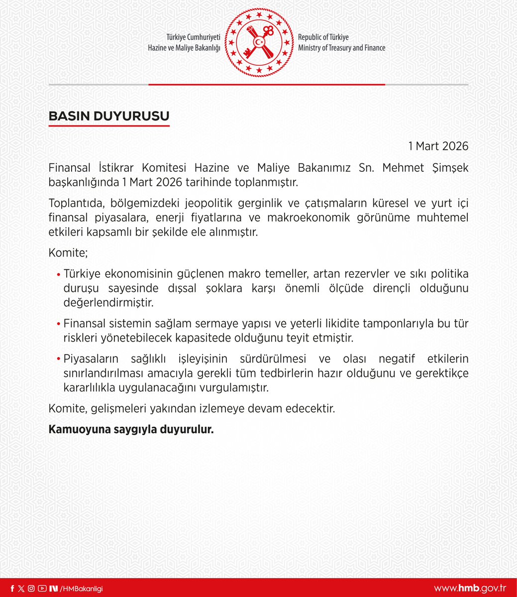 Finansal İstikrar Komitesi Toplantısına İlişkin Basın Duyurusu I 1 Mart 2026