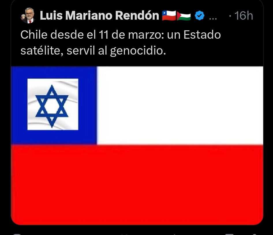 Voy a comunicarme con el ministro Claudio Alvarado y los abogados del ministerio del Interior para pedirles que presenten una querella criminal en tu contra, Luis Rendón (<a href="/lmrendon/">Luis Mariano Rendón 🇨🇱🇵🇸</a>), por el ultraje a la bandera. Solo las autoridades tienen la legitimación activa para querellarse.