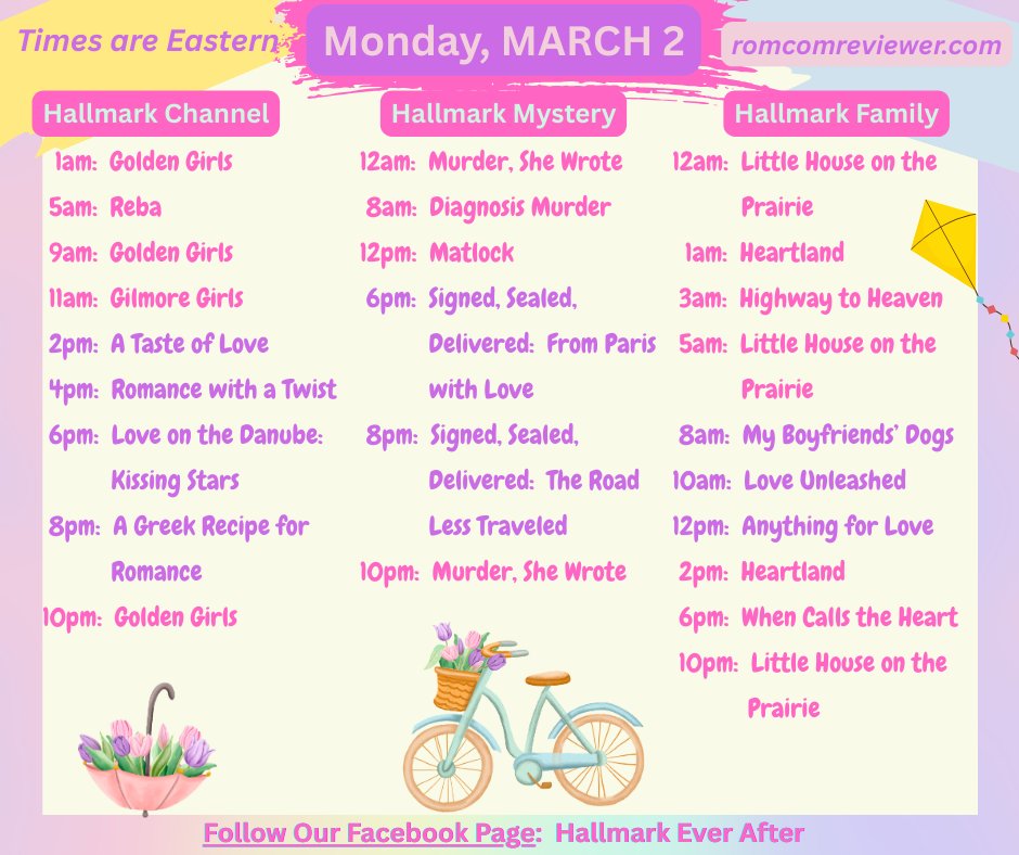 Here is the daily #HallmarkSchedule for MONDAY, MARCH 2!

#HallmarkChannel #HallmarkMystery #HallmarkFamily #Hallmarkies