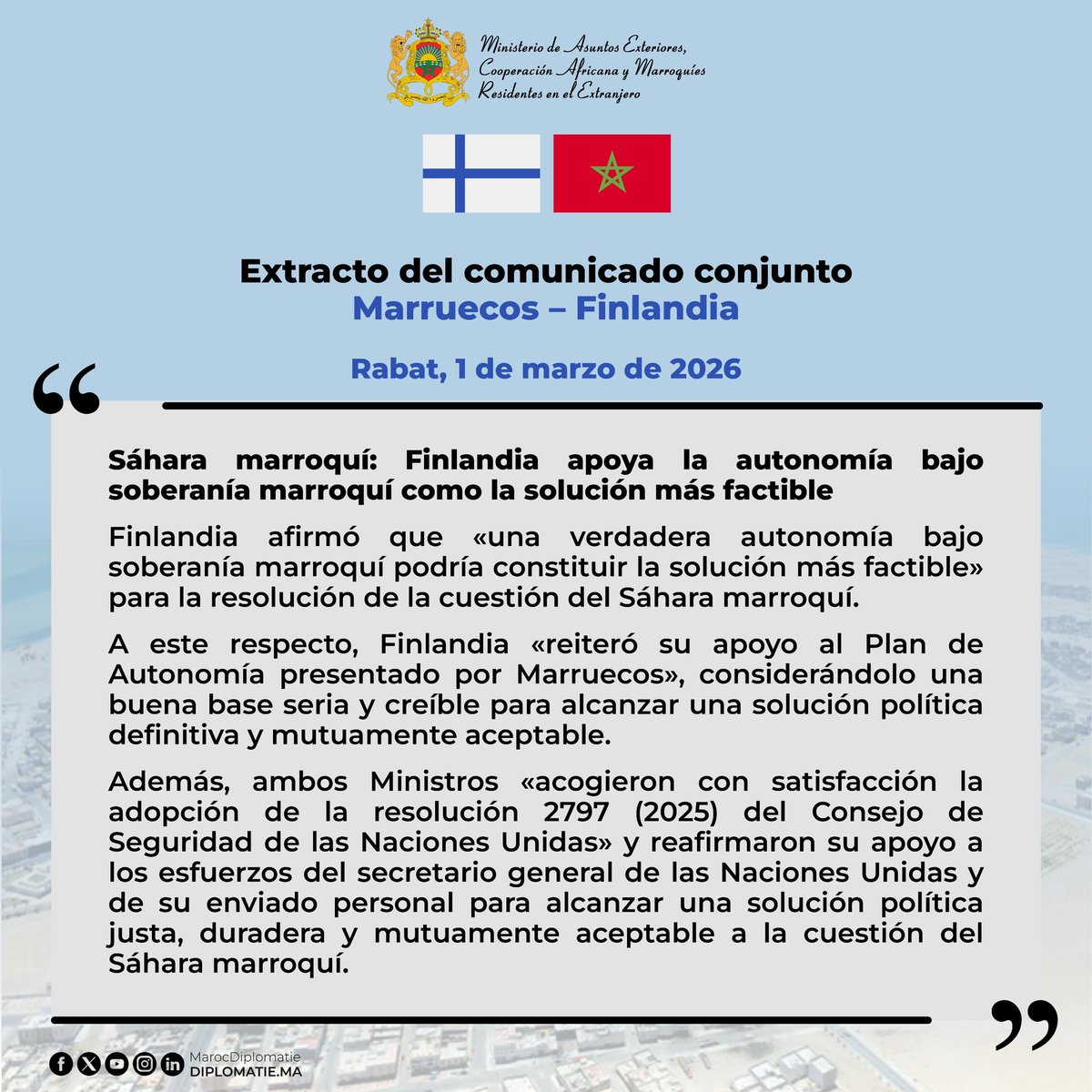 #Sáhara_marroquí : Finlandia apoya la autonomía bajo soberanía marroquí como la solución más factible