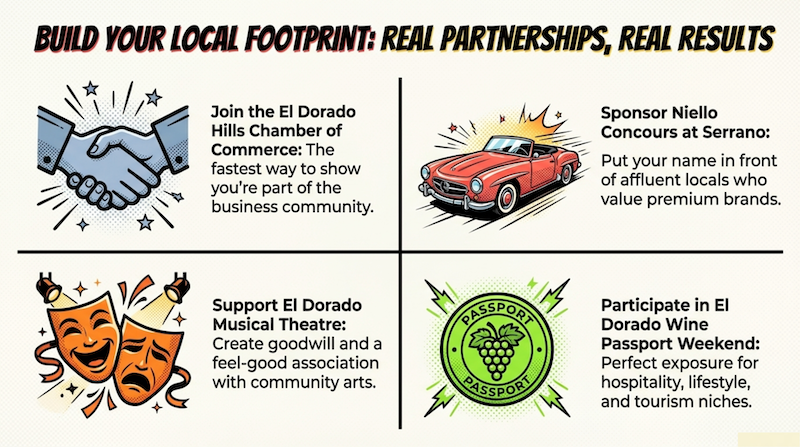 Build Your Local Footprint
Partnerships matter. Sponsoring community events, joining the Chamber, participating in local festivals. These are not just goodwill plays. They generate real world visibility and digital authority signals that compound over time.