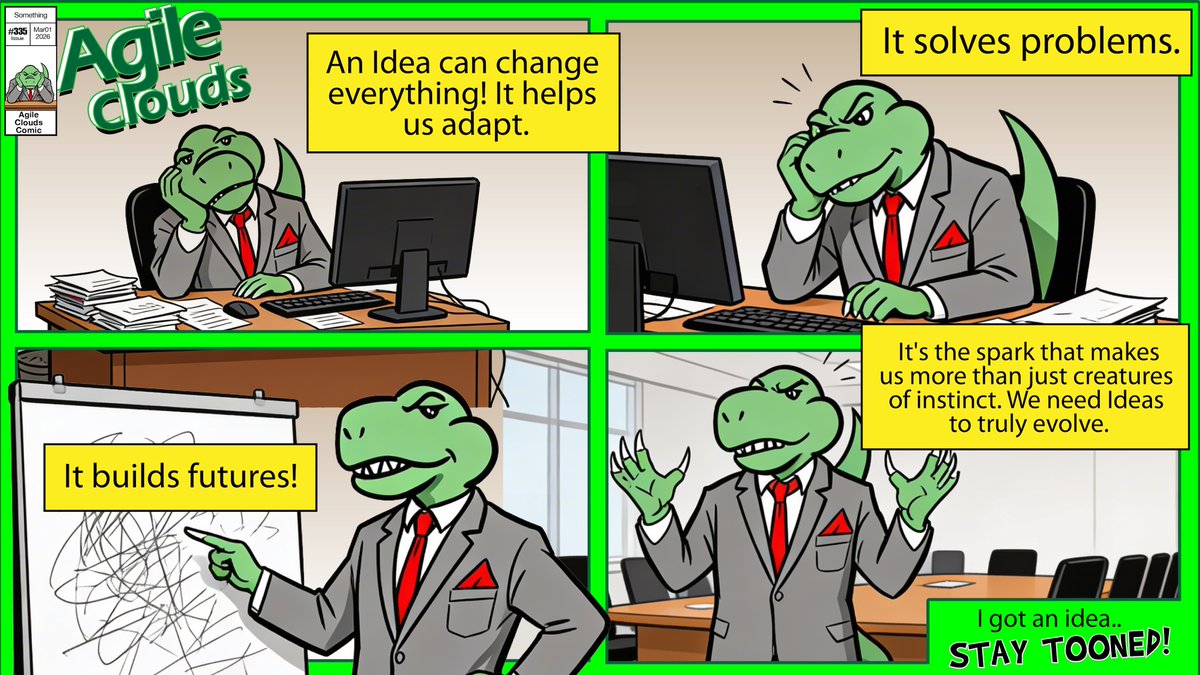 agcloudscomic's tweet photo. A dinosaur in a suit talking about evolution. Only in Agile Clouds. 🦖

Rex says ideas are the spark. He's not wrong — what's the one idea that changed your career?

#335 "The Spark"
☁️ https://t.co/YLFHp5aZXv

#AgileCloudsComic #Salesforce #StayTooned https://t.co/V1PKiY4zGr