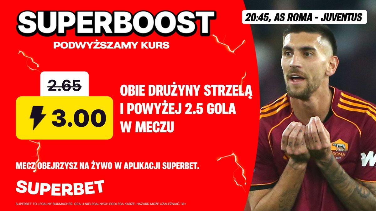 SuperbetPL's tweet image. Na zakończenie pięknego piłkarskiego weekendu mamy dla Was jeszcze PODWYŻSZONY kurs na hitowe starcie w lidze włoskiej AS Roma 🆚 Juventus! #RomaJuve 

#SuperBoost ⚡️ 👉 sprbt.pl/RomaJuve #włoskarobota