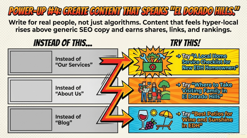 Create Content That Speaks “El Dorado Hills”
Generic “Our Services” pages do not win. Hyper local content does. Think guides for new EDH homeowners, local event roundups, neighborhood specific tips. Content that sounds like it belongs here ranks better and gets shared more.