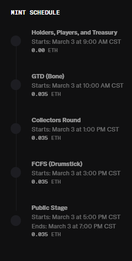 Full mint schedule for The Nibbles <a href="/frankythefrog/">Franky the Frog</a> .

It all starts at 9am central!
