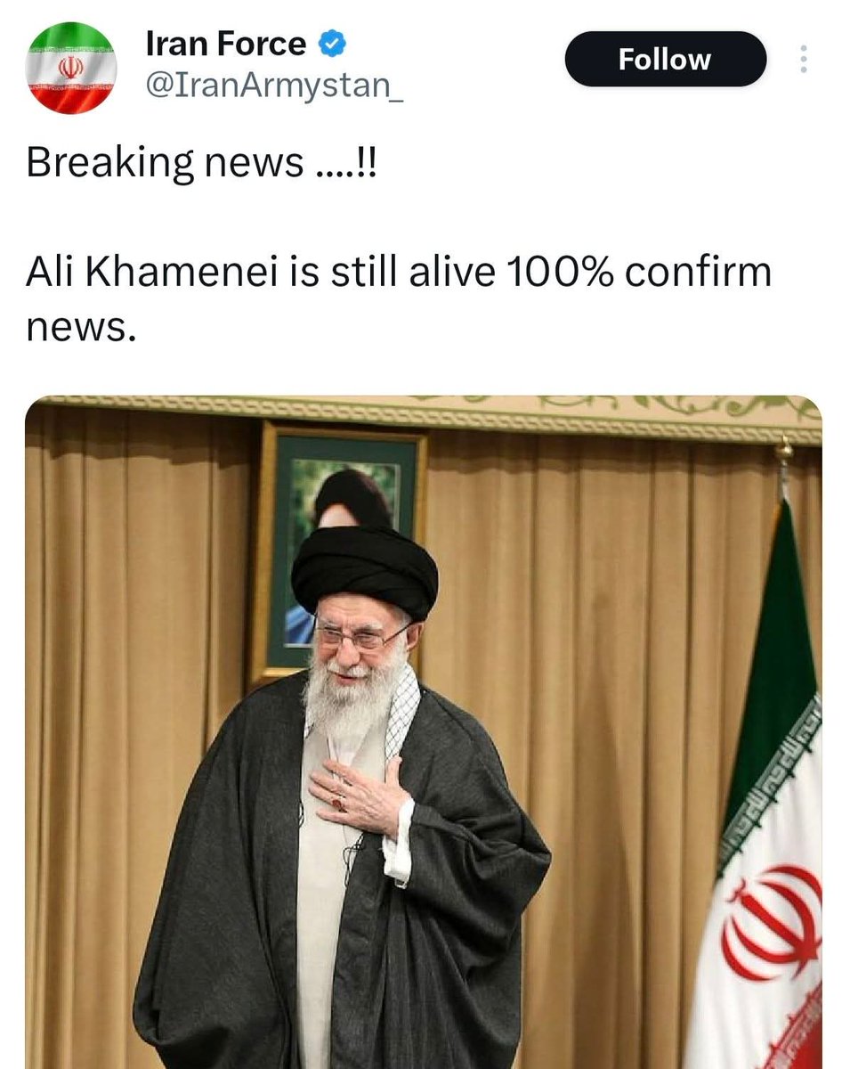 RahirOfficial's tweet photo. Breaking news ....!!

Ali Khamenei is still alive 100% confirm news. https://t.co/vDZDDMFrlu