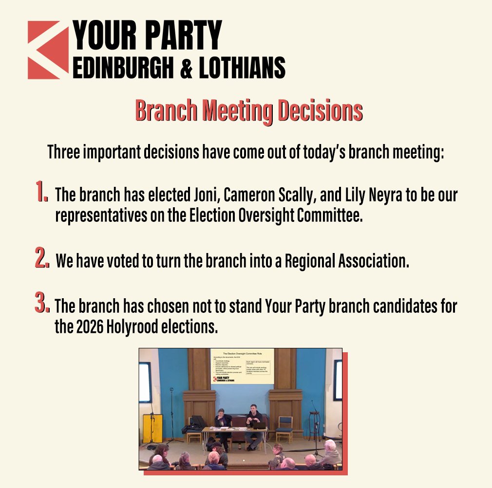 Big decisions from today’s branch meeting!

We’ve elected our reps to the Election Oversight Committee, agreed to become a Regional Association, and decided not to stand branch candidates in the Holyrood elections.

Thank you to everyone who joined us this afternoon!