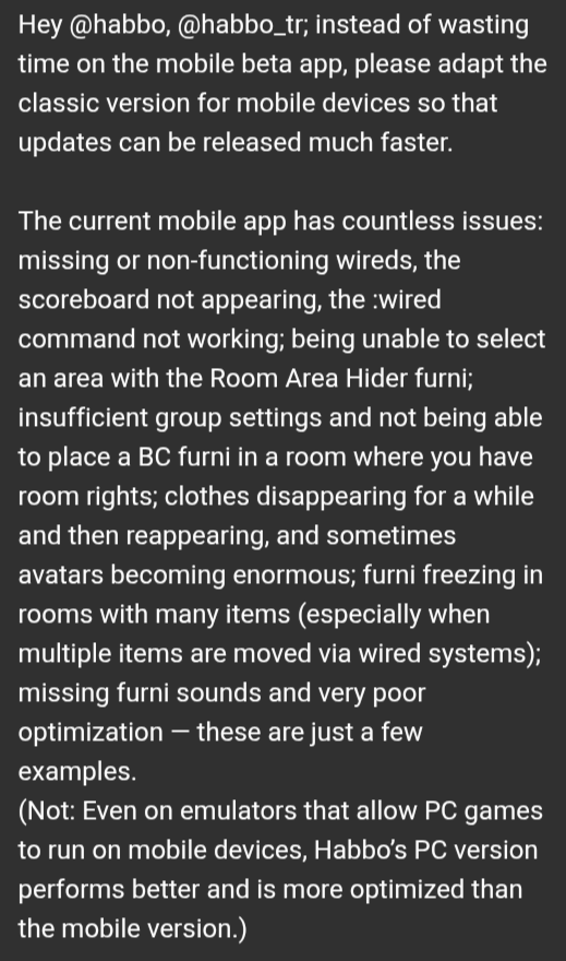 MrAlan35's tweet photo. @Habbo Hey @habbo, @habbo_tr; instead of wasting time on the mobile beta app, please adapt the classic version for mobile devices so that updates can be released much faster. https://t.co/iR0MLyq5Ax