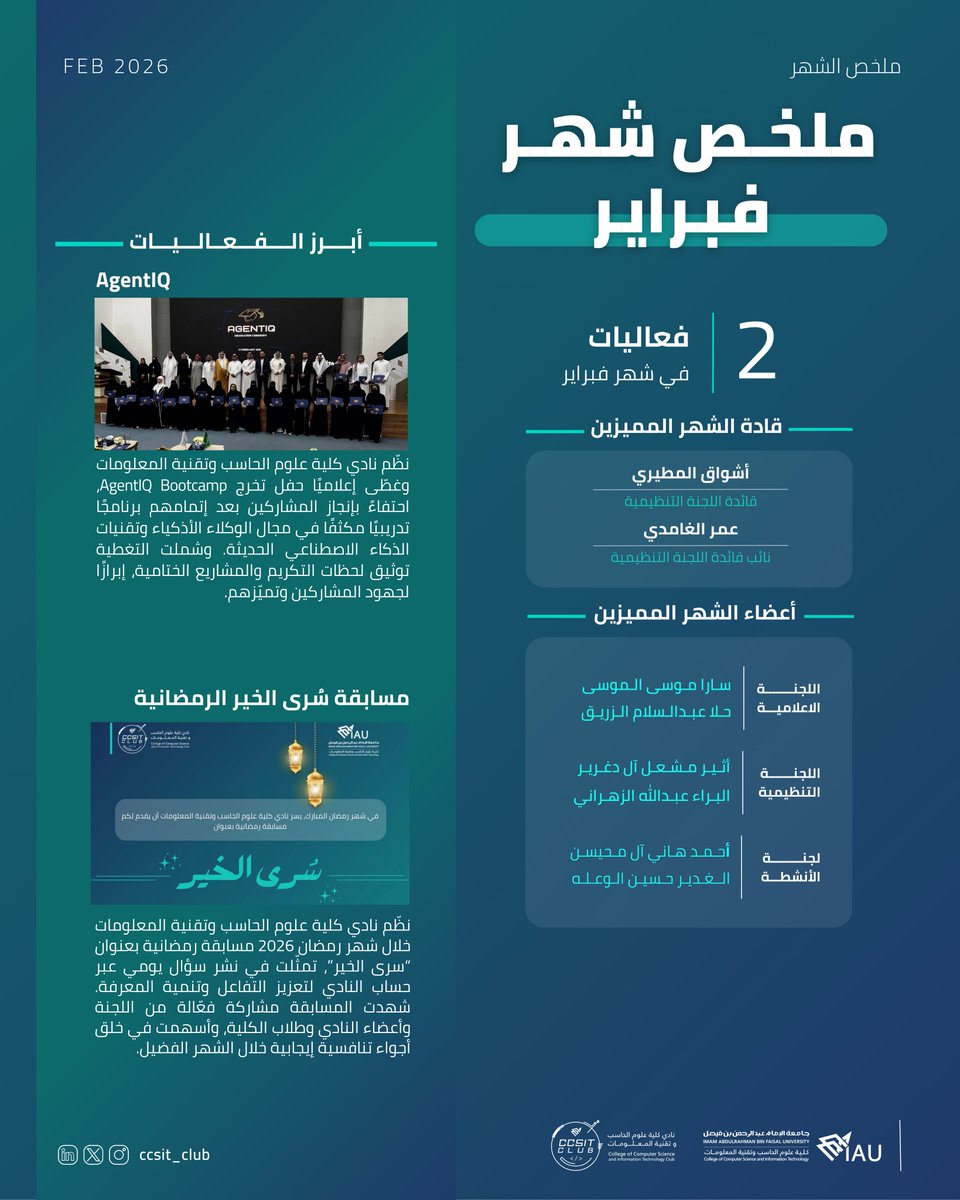 ccsit_club's tweet photo. 📰| ملخص شهـر فـبرايـر

#IAU_CCSIT #CCSIT_CLUBS
#جامعة_الإمام_عبدالرحمن_بن_فيصل https://t.co/6S3j6tQoeC