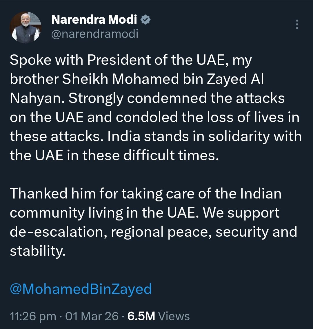 PM Modi has made his stand clear, India stands with UAE.
Ali Khamenei always abused India and Hindus, hence PM hasn't mentioned him in any of his posts yet.