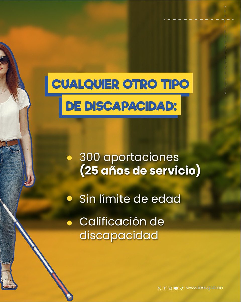 El <a href="/IESSec/">IESS</a> garantiza el derecho a una jubilación digna para las personas con discapacidad, sin importar su edad, siempre que cumplan con el tiempo de servicio requerido.

Infórmate en ⬇️
iess.gob.ec/es/web/guest/21