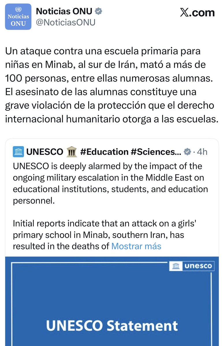 🔵La ONU informó que un ataque contra una escuela primaria para niñas en Minab, al sur de Irán, dejó más de 100 personas muertas, entre ellas numerosas alumnas.

El organismo advirtió que el asesinato de estudiantes constituye una grave violación del derecho internacional