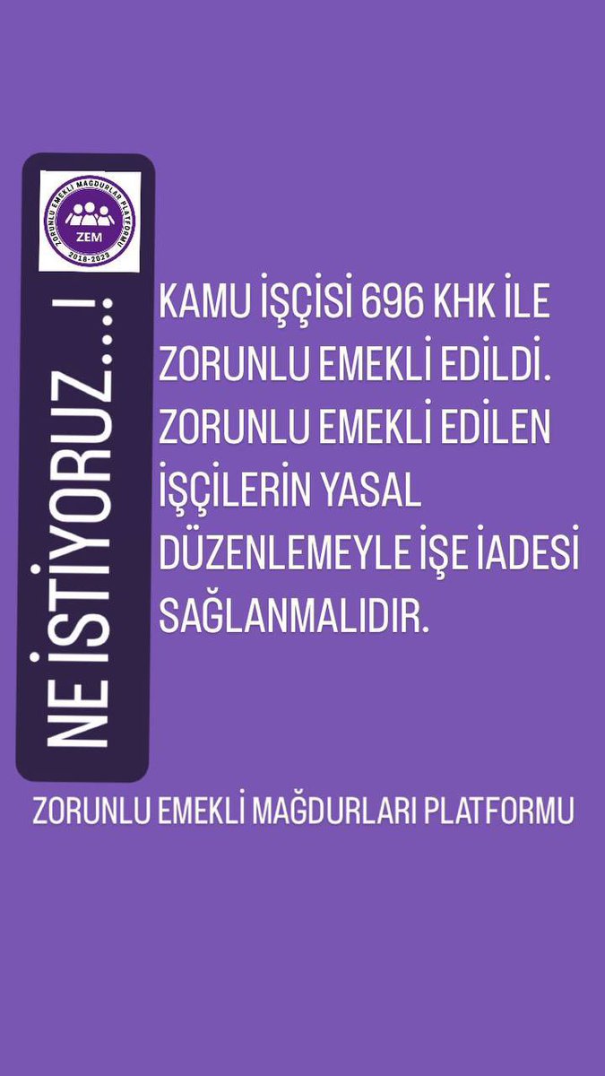 <a href="/tlnozr44/">Tülin Özer</a> <a href="/meslekkodumagdu/">Meslek Kodu-Tayin Mağdurları Platformu</a> #696KHKlıGençEmekliler
◾696 KHK ile on binlerce işçi Zorla Emekli Edilerek mağdur edildi
◾En düşük maaşa mahkûm edilerek geçim derdine düşürüldü,
◾Kamu, yetişmiş iş gücünü kaybetti
◾İŞİMİZİ GERİ İSTİYORUZ!
<a href="/RTErdogan/">Recep Tayyip Erdoğan</a> <a href="/dbdevletbahceli/">Devlet Bahçeli</a> <a href="/eczozgurozel/">Özgür Özel</a> <a href="/isikhanvedat/">Prof. Dr. Vedat Işıkhan</a> <a href="/RTEdijital/">Erdoğan Dijital Medya</a>