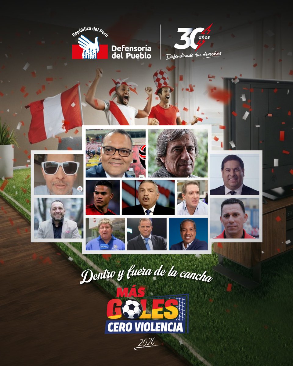 Defensoria_Peru's tweet photo. ⚽🙌 Las figuras del fútbol ya se sumaron a Más goles, cero violencia. Tú también sé parte 🤝. Alienta con pasión, pero sin violencia.
El mejor gol es el que se celebra en paz 💙🇵🇪
#MásGolesCeroViolencia #DefensoríaDelPueblo #TeDefiende https://t.co/jwxvFZCbeW