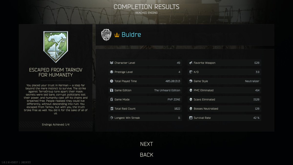 BuldreLIVE's tweet photo. After playing tarkov regulary since 2019, soon hitting 10k hours in the game, i finally beat it and thats on my birthday, i can finally after probably 40 tries say i escaped tarkov and this has been an journey for me and emotions thru all this years. @nikgeneburn #bsg  #EFT https://t.co/Q6UNhStOmJ