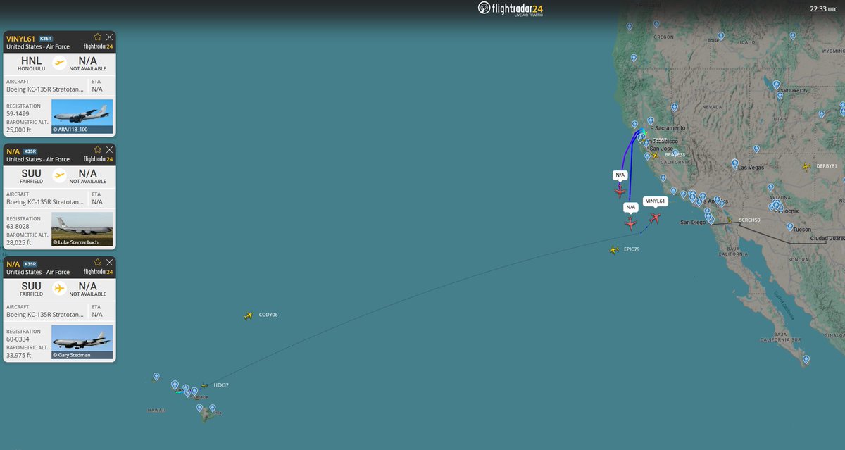 AUX_OSINT's tweet photo. 3x KC-135R/T from Hickam AFB (PHNL) dragging 12x ftrs (F-22A?)
(SPINE11-14 SPINE21-24 SPINE 31-34)
#AE0422 – 59-1499 – VINYL61
#AE0270 – 63-8038 – VINYL71
#AE04E3 – 59-1455 – VINYL81
With 3x KC-135R/T out of Travis AFB (KSUU)
#AE04CE – 62-3524
#AE05AB – 63-8028
#AE07AC – 60-0334 https://t.co/rj98a3IMAd