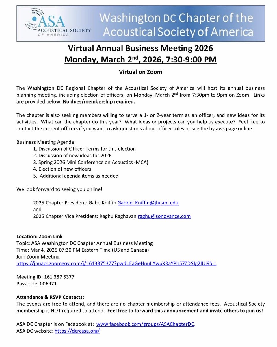 ASAChapterDC's tweet photo. Join us for the ASA DC annual business and planning meeting
🗓️Monday March 2, 7:30 pm
📍 https://t.co/czYZPICFCy 

We’ll elect new officers and plan events for the year. This is a great chance to get involved and build your CV.  All welcome!  

@ASAStudents @acousticsorg https://t.co/0sm65Z6TAl