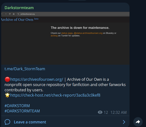 tired52510's tweet photo. ๐จ๐บ๐ธDDOS ALERT: Dark storm team ddos archive of our own platform #DARKSTORM #DARKSTORMTEAM #DDOS #CYBERATTACK #USA #IRAN #ISRAEL #CyberSecurity #ARCHIVEOUROWN #archiveofourown #X #cyberwar #war https://t.co/UpesCluyyg