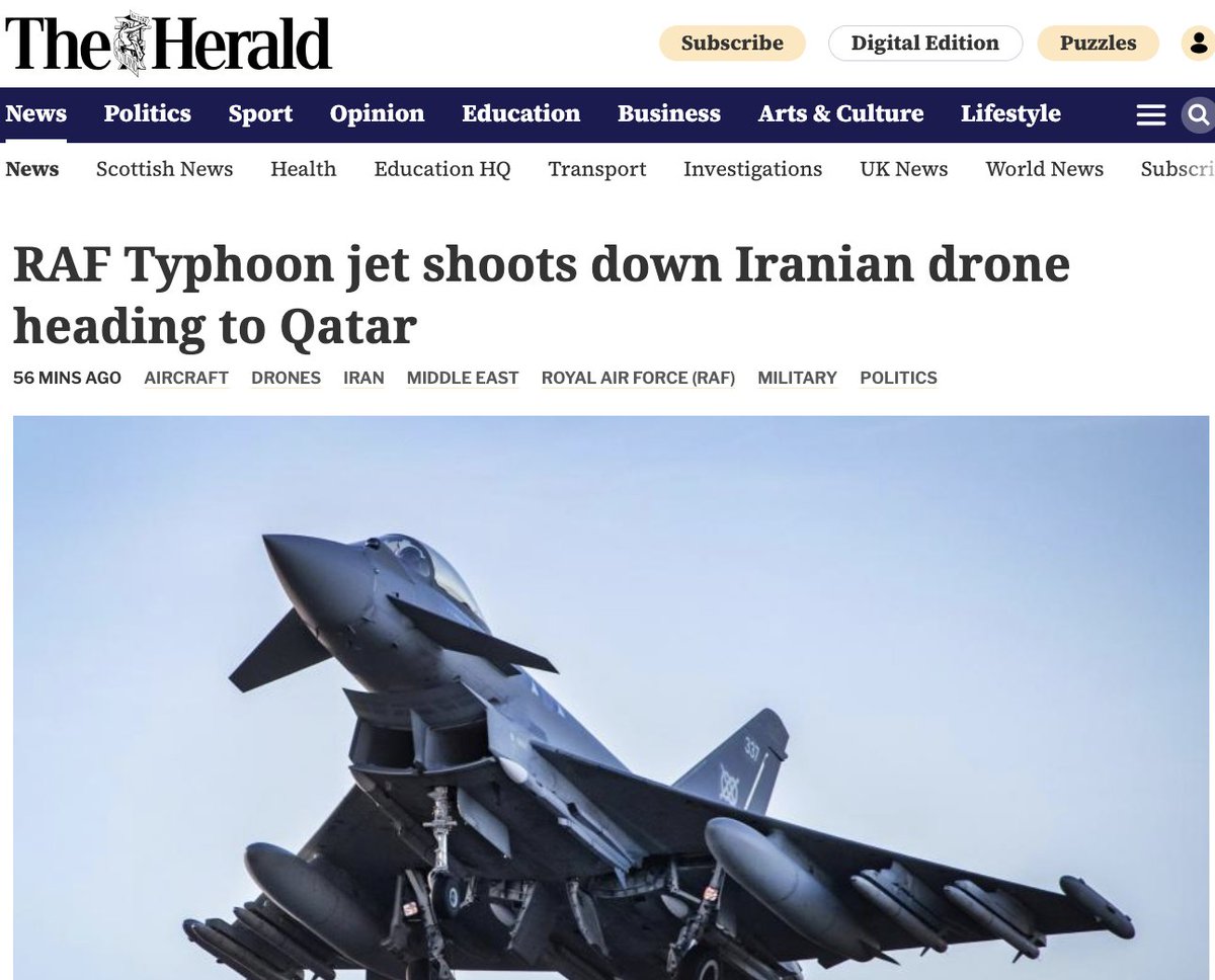 🇬🇧 BREAKING : an RAF Typhoon SHOOTS DOWN AN IRANIAN DRONE HEADING TOWARDS QATAR. 

1. Congratulation to the Royal Air Force
2. WHY THE F ARE WE DOING THAT FOR QATAR AND NOT UKRAINE ?!

And this is valid for France too.
