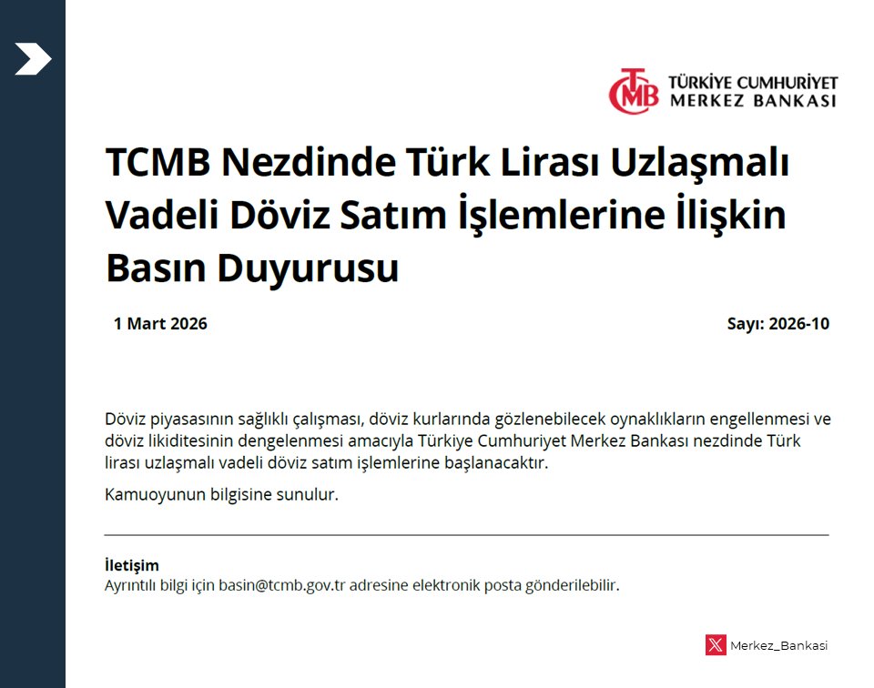 TCMB Nezdinde Türk Lirası Uzlaşmalı Vadeli Döviz Satım İşlemlerine İlişkin Basın Duyurusu: tcmb.tl/HVc3da5