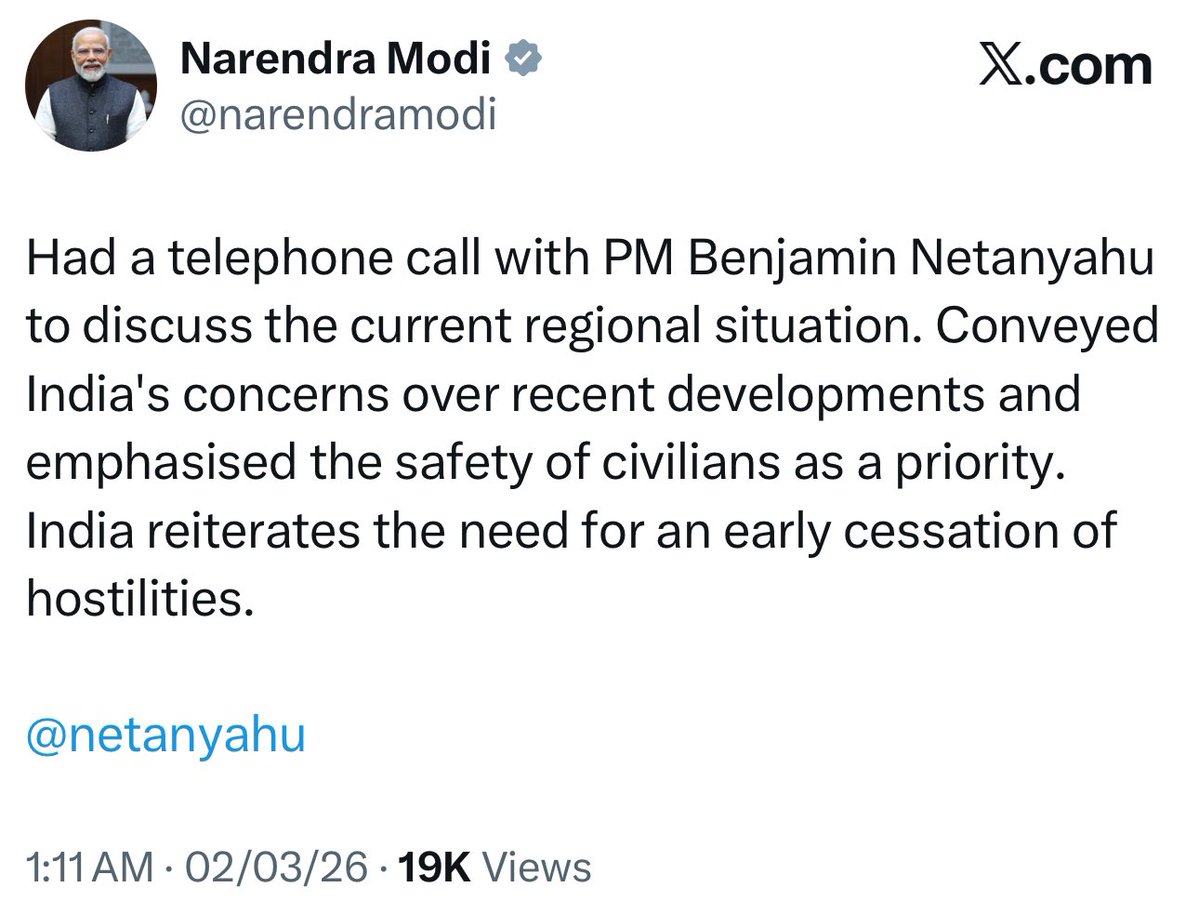 🚨 Big #BREAKING 🚨

PM मोदी ने इज़राइल के PM नेतन्याहू से बात की
#NarendraModi #IsraelIranWar #Israel <a href="/narendramodi/">Narendra Modi</a>