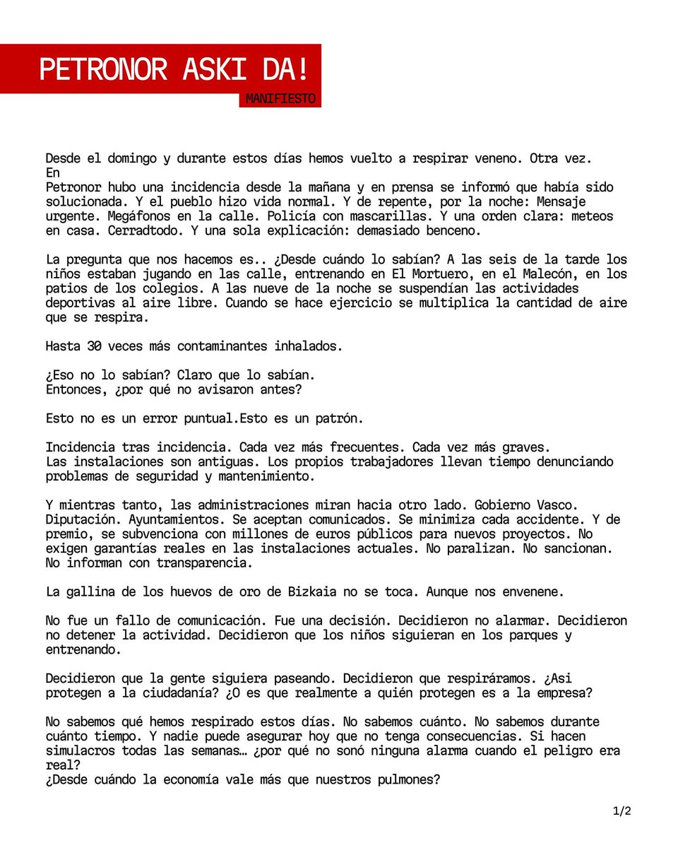 EguzkiEH's tweet image. Compartimos este texto de una de las organizaciones convocantes de las marchas que han tenido lugar hoy en #Muskiz y #Abanto contra la #contaminacion de #Petronor. #stopvariantelascarreras