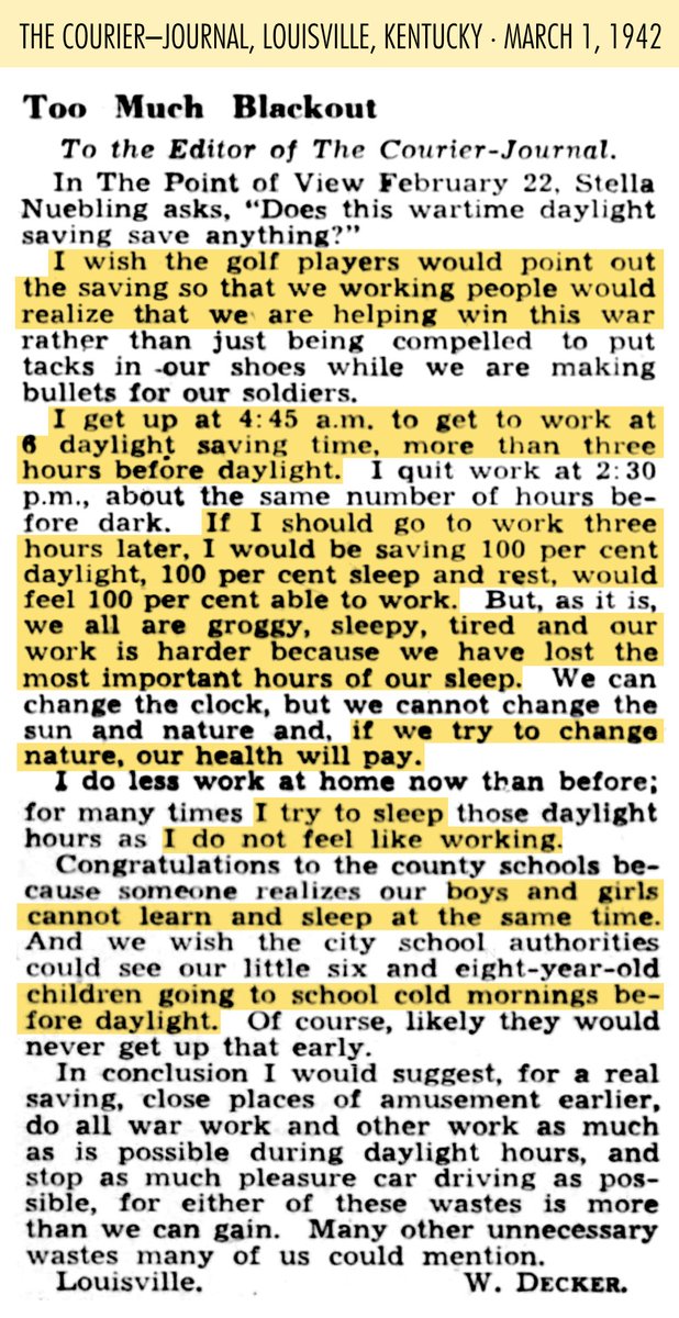 SaveStandard's tweet photo. Permanent Daylight Saving Time: “We are groggy, sleepy, tired, and our work is harder, because we have lost the most important hours of sleep.” —On this day in 1942. https://t.co/WrpMPvInDU