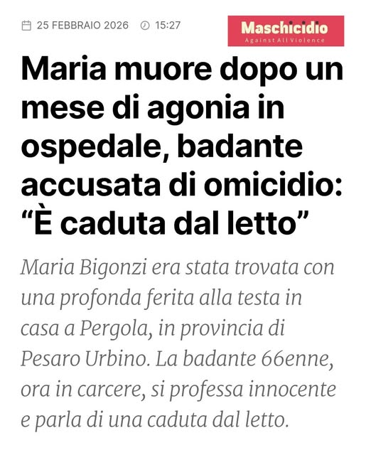 maschicidio's tweet photo. LA BADANTE ASSASSINA N.° 8950
Maria muore dopo un mese di agonia in ospedale, badante accusata di omicidio: “È caduta dal letto”

#violenzafemminile #assassina #omicidio #femminismotossico #badanteassassina #violenzaanziani #donneviolente 

https://t.co/Qfo562MzhW https://t.co/JbwugSMdKr