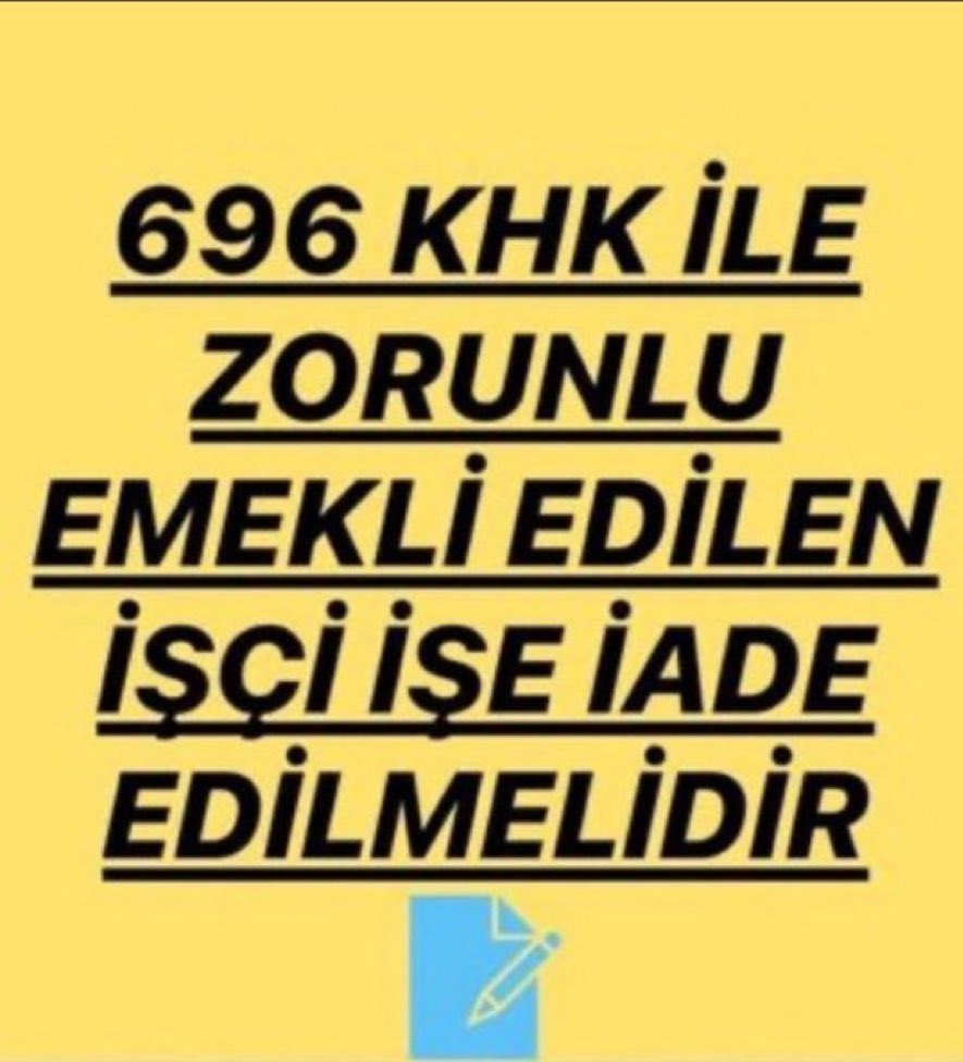 <a href="/tlnozr44/">Tülin Özer</a> <a href="/meslekkodumagdu/">Meslek Kodu-Tayin Mağdurları Platformu</a> #ZorunluEmekliyeİşeİadeHakkı 696 KHK  ile KAMUDA işçiler isteği dışında ZORUNLU EMEKLİ edildi. 03.03.2023 de bu hüküm kaldırıldıysa Yasal Bir Düzenleme ile İŞE İADEMİZİ İSTİYORUZ..
<a href="/RTErdogan/">Recep Tayyip Erdoğan</a> <a href="/dbdevletbahceli/">Devlet Bahçeli</a> 
<a href="/isikhanvedat/">Prof. Dr. Vedat Işıkhan</a>