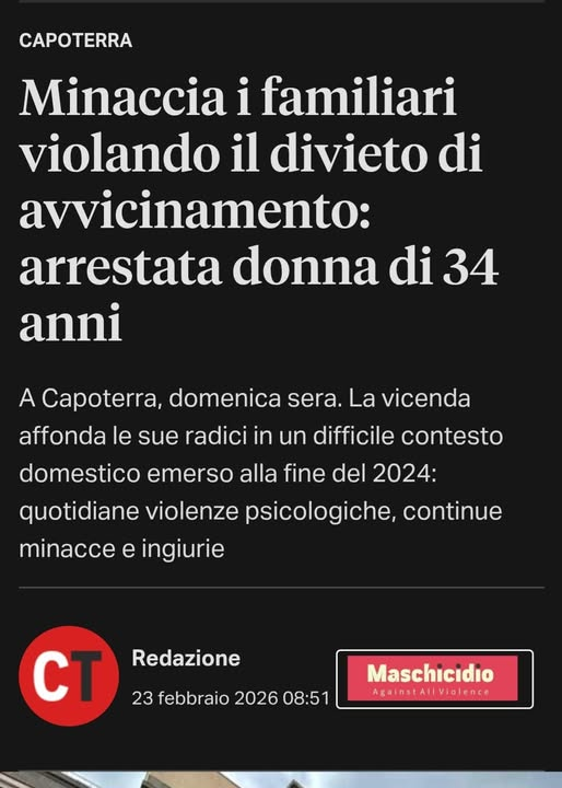 maschicidio's tweet photo. DONNA INAVVICINABILE SI AVVICINA
Minaccia i familiari violando il divieto di avvicinamento: arrestata donna di 34 anni

#violenzafemminile #maltrattamentiinfamiglia #minacce #aggressioni #femminismotossico #donneviolente 

https://t.co/9k2ym3vLcn https://t.co/NIXcUugJYE