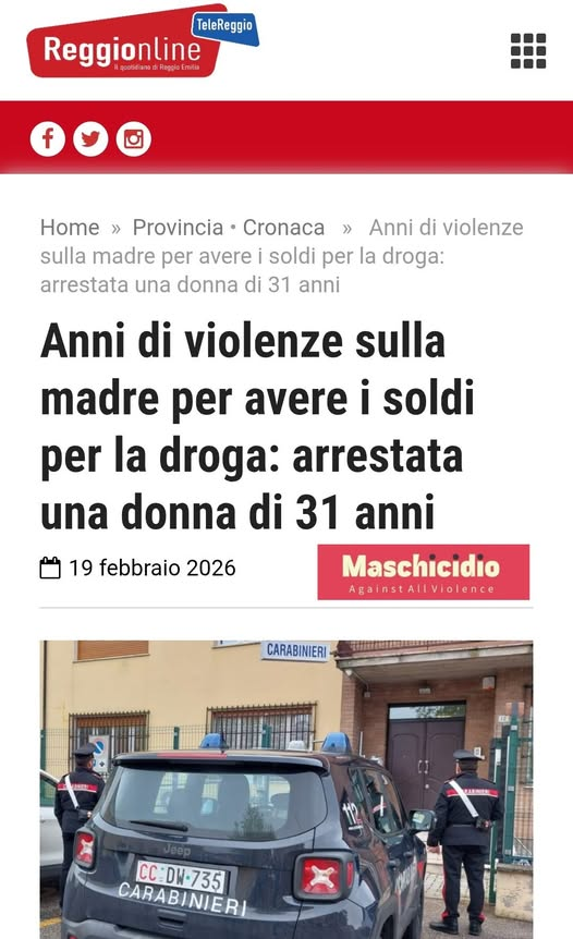 maschicidio's tweet photo. SEGREGATA PER LA DROGA
Anni di violenze sulla madre per avere i soldi per la droga: arrestata una donna di 31 anni

#violenzafemminile #violenzadigenere #maltrattamentiinfamiglia #aggressioni #madreefiglia #donnatossica #femminismotossivo #donneviolente

https://t.co/Bt5cipy7fT https://t.co/H711vrFoCG