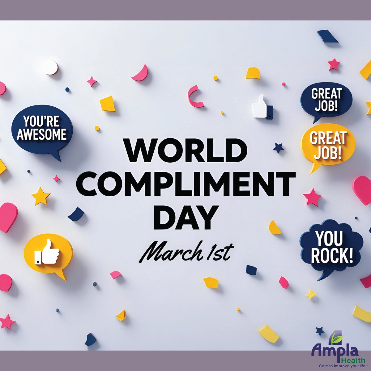 amplahealth's tweet image. It’s World Compliment Day! Spread kindness by giving 3 genuine compliments today — to family, friends, or caregivers. Boost happiness, connection, and positivity. Visit amplahealth.org to learn more about emotional well‑being.
#WorldComplimentDay #AmplaHealthCares