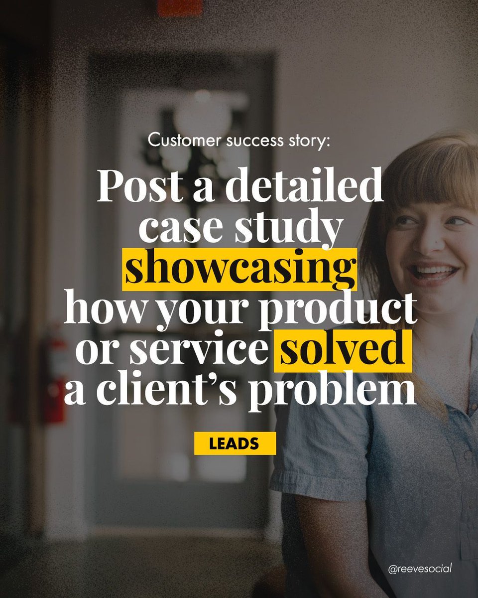 Social media that creates ➤ 𝗟𝗲𝗮𝗱𝘀

Increase your leads with some of these simple content types:

💡 Customer success story: Post a detailed case study showcasing how your product or service solved a client’s problem.

Purposeful social media, that creates impact. ®️✔️