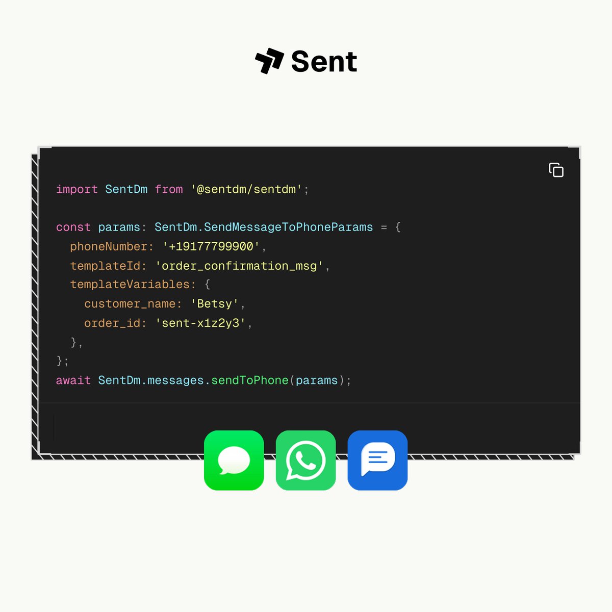 sentdm's tweet photo. One API. Send messages on all channels.