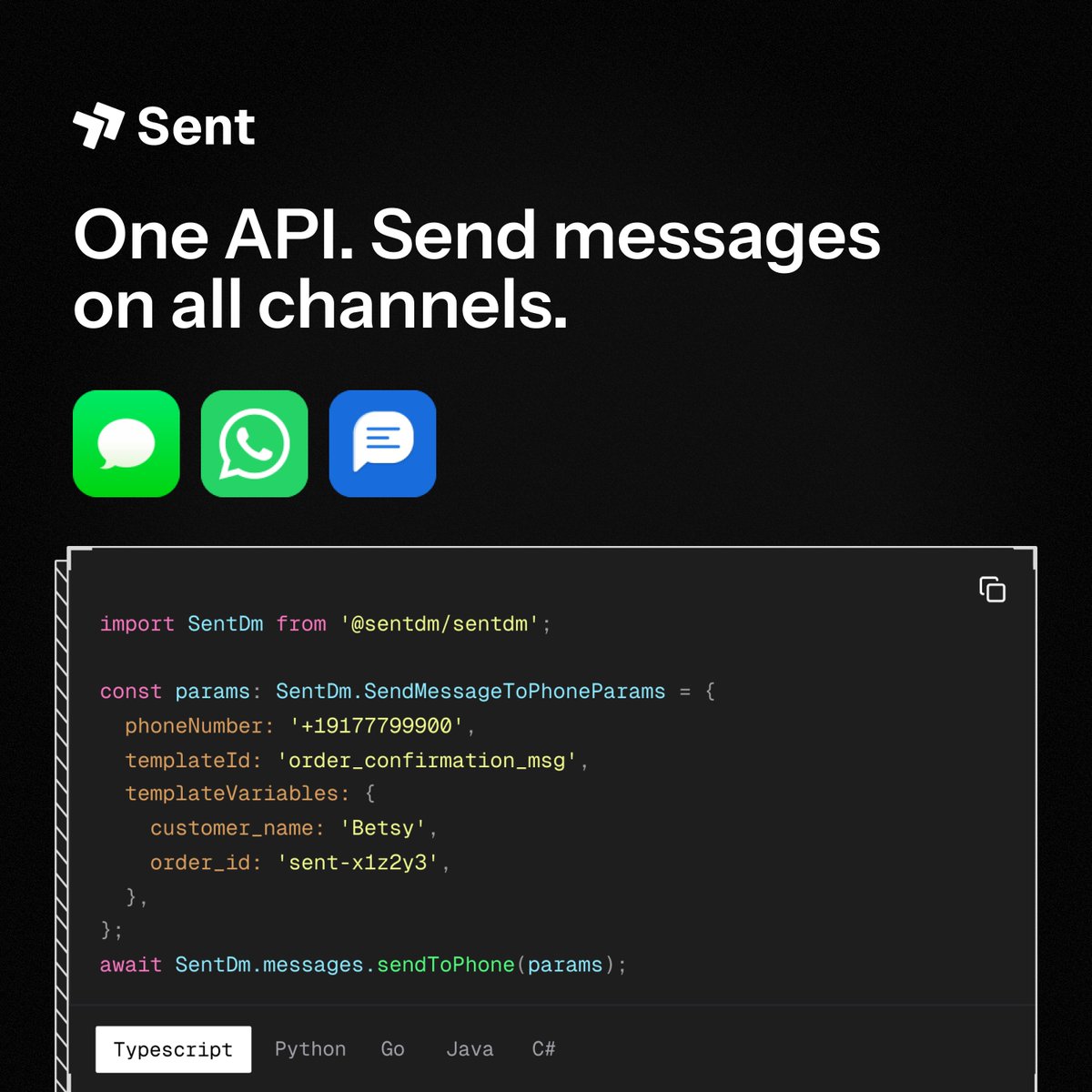 sentdm's tweet photo. Cut your SMS costs in half with Sent.